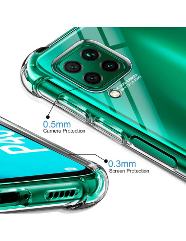 Närbild av Huawei P40 Lite skal med fokus på kameraskydd och skärmskydd