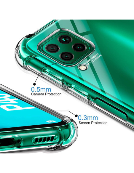 Närbild av Huawei P40 Lite skal med fokus på kameraskydd och skärmskydd