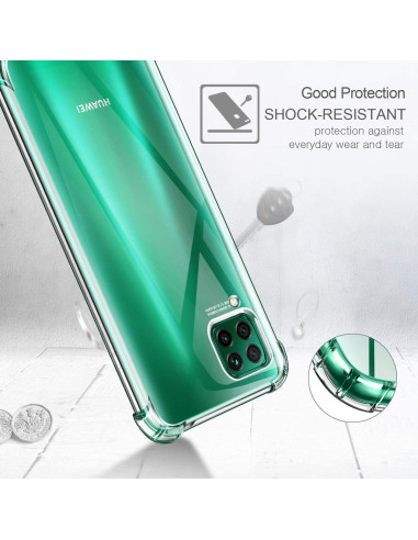 Baksidan av Huawei P40 Lite med stöttåligt skal, tydlig visning av förstärkta hörn och transparent design