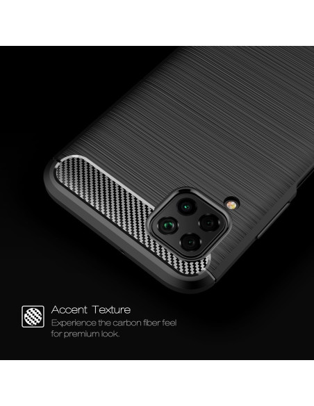 Närbild av SlimCarbon-skalet för Huawei P40 Lite som visar den karbonliknande texturen