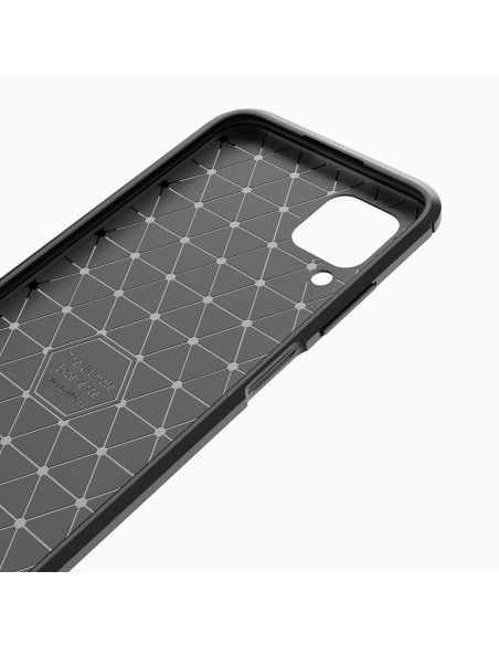 Detaljvy av insidan på SlimCarbon-skalet för Huawei P40 Lite med mönstrad yta