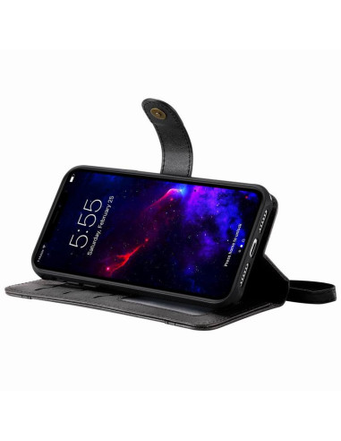 Svart iPhone 12 fodral med telefon i stativläge och synliga kortfack