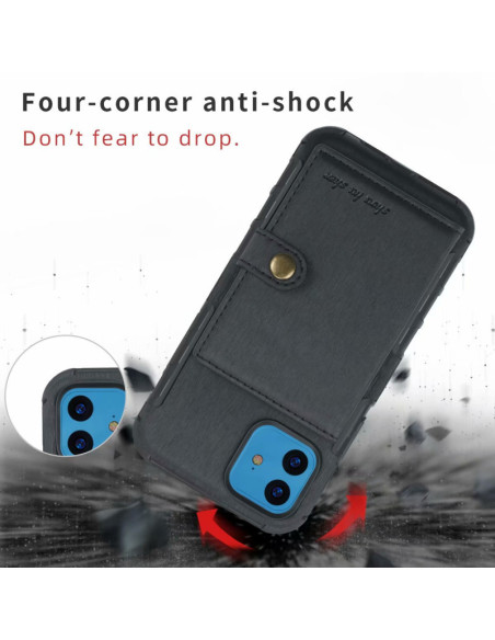iPhone 12-skal med kortfack, sett framifrån med fokus på fyra hörn och anti-chock design