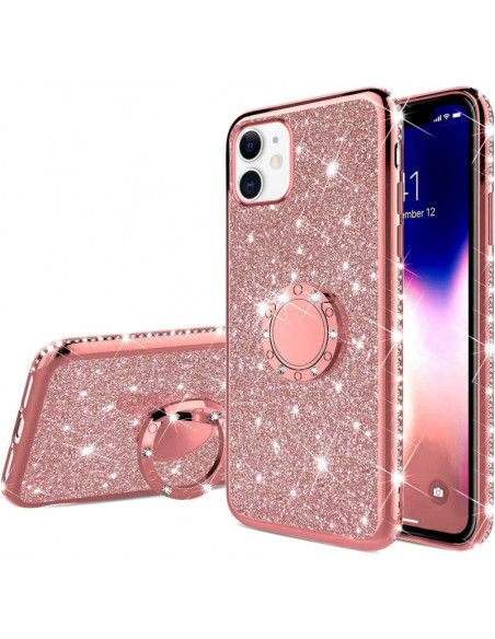 Svart iPhone 12 skal med ringhållare och glittrande strass, sett från sidan med blänkande detaljer