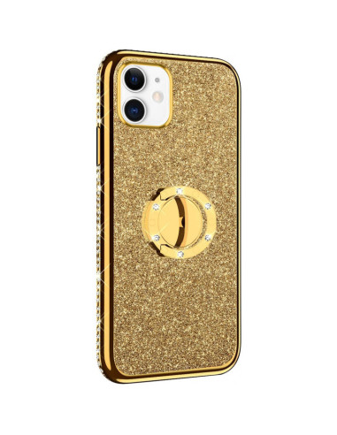 Svart iPhone 12 skal med ringhållare och strass, sett från sidan med fokus på glittrande yta
