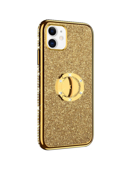 Svart iPhone 12 skal med ringhållare och strass, sett från sidan med fokus på glittrande yta