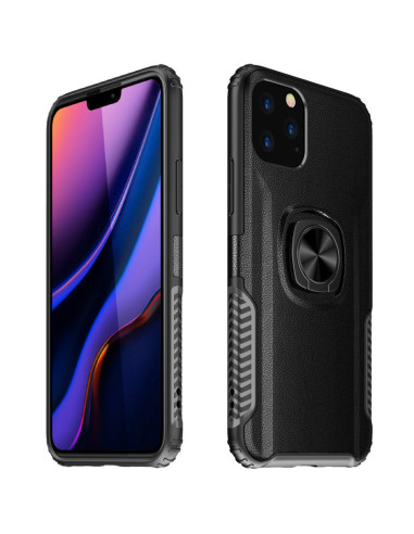 Svart stöttåligt skal för iPhone 12 Pro Max med ringhållare, sedd från sidan och baksidan