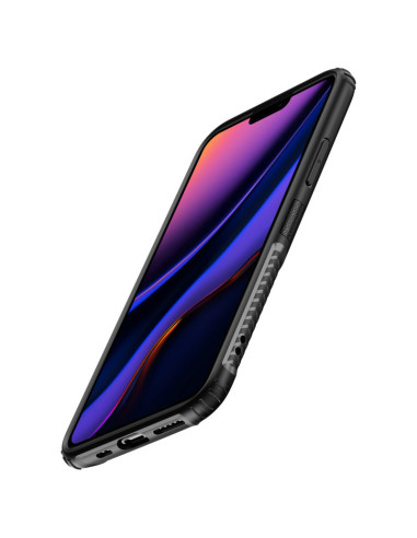 Svart stöttåligt skal för iPhone 12 Pro Max med ringhållare, sedd snett framifrån