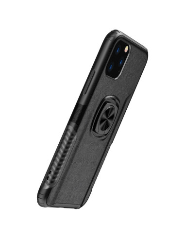 Svart stöttåligt skal för iPhone 12 Pro Max med ringhållare, sedd från sidan med fokus på ringens design