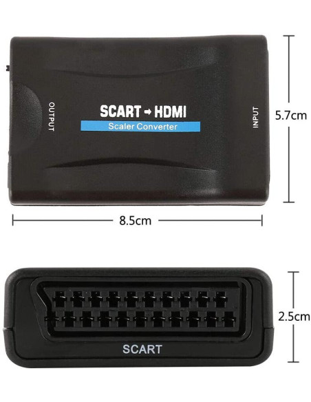 Översikt av SCART till HDMI-adapter med mått och anslutningar