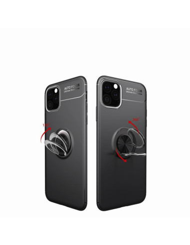 Svart stöttåligt skal för iPhone 12 Mini med ringhållare, visat från baksidan med roterande funktion