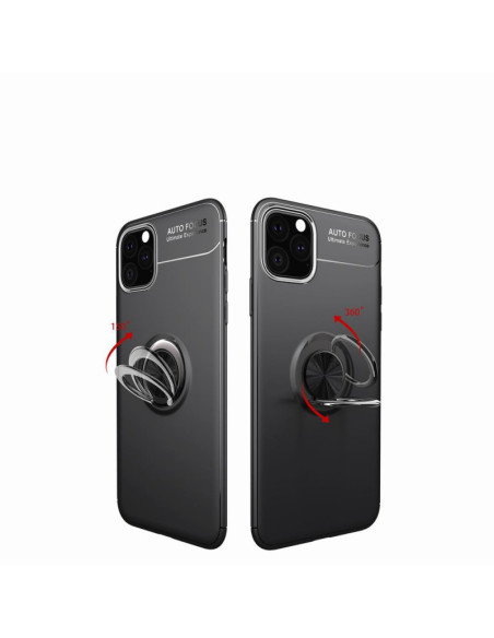 Svart stöttåligt skal för iPhone 12 Mini med ringhållare, visat från baksidan med roterande funktion