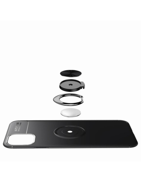 Svart stöttåligt skal för iPhone 12 Mini med avtagbar ringhållare, visat i detaljvy
