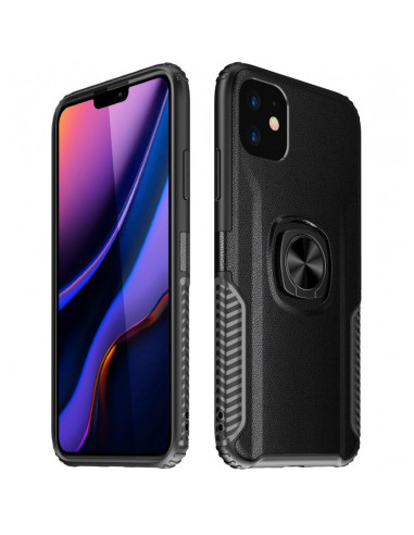 Svart stöttåligt skal för iPhone 12 Mini med ringhållare, sett från sidan och baksidan
