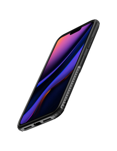 Svart stöttåligt skal för iPhone 12 Mini med ringhållare, sett från sidan med fokus på knappar och portar