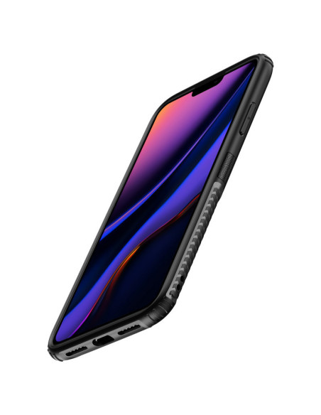 Svart stöttåligt skal för iPhone 12 Mini med ringhållare, sett från sidan med fokus på knappar och portar