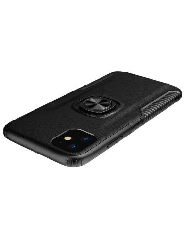 Svart stöttåligt skal för iPhone 12 Mini med ringhållare, sett från sidan med fokus på textur och ringhållare