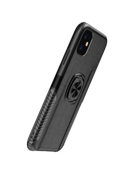 Svart stöttåligt skal för iPhone 12 Mini med ringhållare, sett från sidan med fokus på ringhållaren