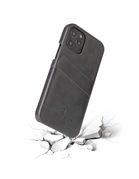 Svart iPhone 12 Mini skal med korthållare, sett snett bakifrån med kortfack synligt