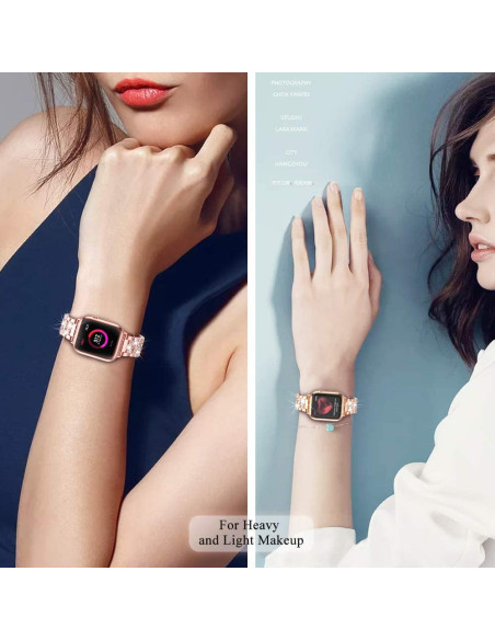Apple Watch 38/40mm med roséguld metallarmband och strass, bärs på handleden