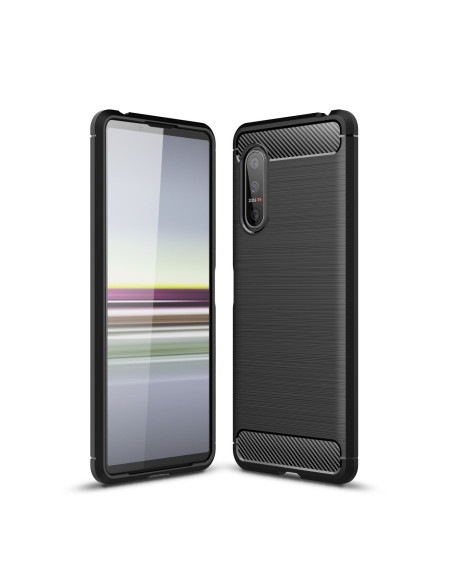 Xperia 5 II skal i SlimCarbon-design, sett från sidan och framifrån