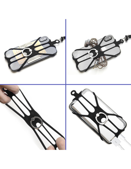 Svart telefonhållare med halsrem och ringhållare, visad från sidan med kortfack