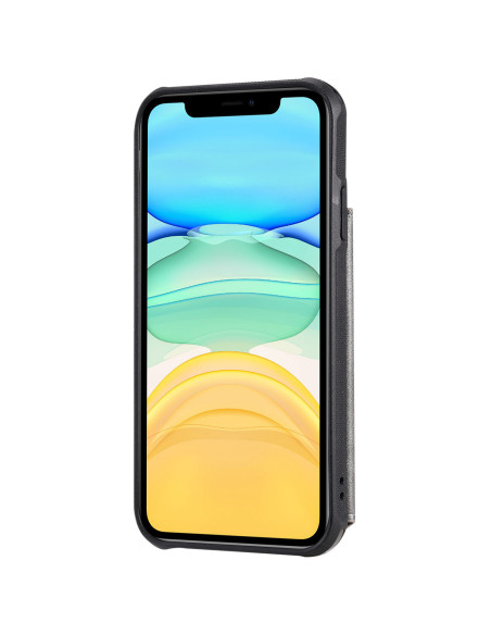 Svart korthållare för iPhone 12 med fem fack, sett framifrån med telefonens skärm synlig