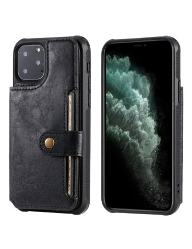 Svart korthållare för iPhone 12 Pro med fem fack, sedd framifrån med telefonen monterad