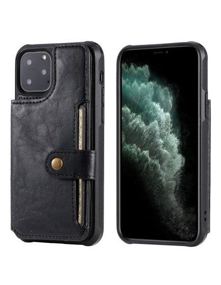 Svart korthållare för iPhone 12 Pro med fem fack, sedd framifrån med telefonen monterad
