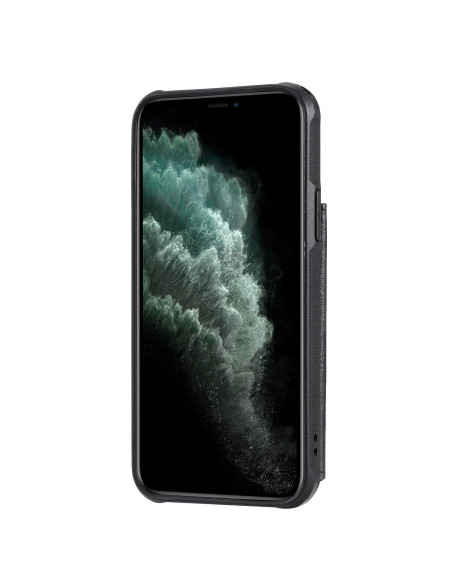 Svart korthållare för iPhone 12 Pro med fem fack, sedd från sidan med telefonen monterad