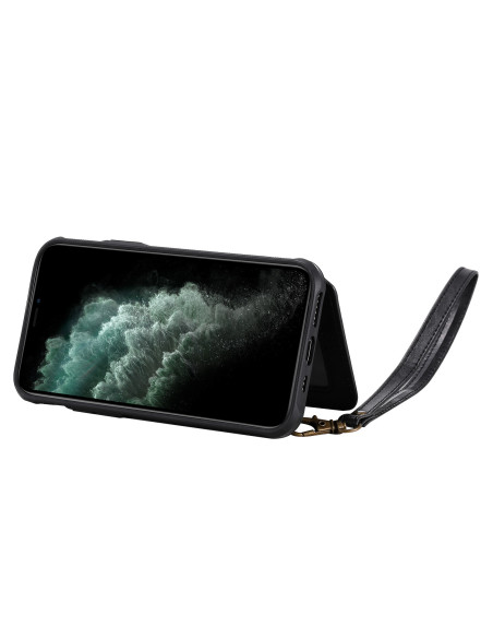 Svart korthållare för iPhone 12 Pro med fem fack, visad i stående läge med telefon och handledsrem
