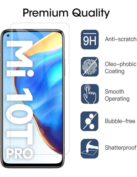 Detaljvy av Xiaomi Mi 10T Pro med härdat glas och specifikationer