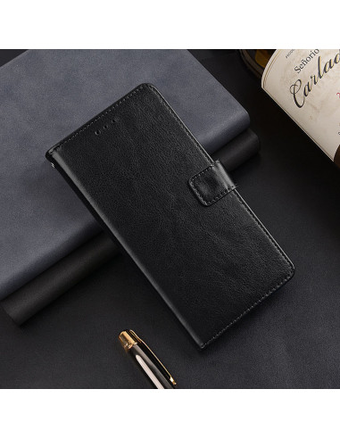 Svart plånboksfodral för OnePlus Nord N100 med stängd design och magnetlås, sett framifrån