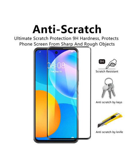 Framifrån vy av Huawei P Smart 2021 med härdat glas, visar skydd mot repor och stötar
