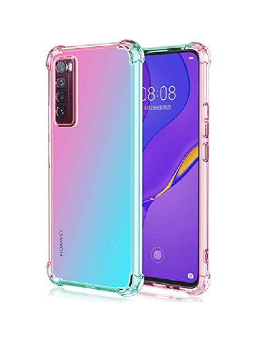 Transparent TPU-skal med förstärkta hörn, monterat på Huawei P Smart 2021, i en färgglad design