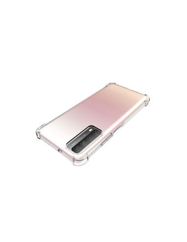 Transparent TPU-skal med förstärkta hörn, sett snett bakifrån på Huawei P Smart 2021