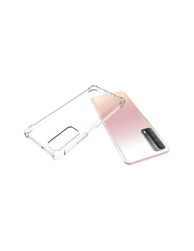Transparent TPU-skal med förstärkta hörn, delvis monterat på Huawei P Smart 2021, med fokus på baksidan