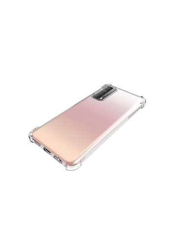 Transparent TPU-skal med förstärkta hörn, sett snett framifrån på Huawei P Smart 2021