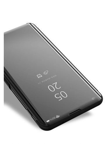 Svart flipfodral för Huawei P Smart 2021 med spegelvisning och ställfunktion, sett från sidan