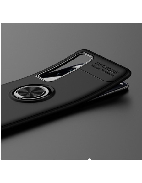 Närbild av svart stöttåligt skal för Huawei P Smart 2021 med ringhållare, visat från baksidan