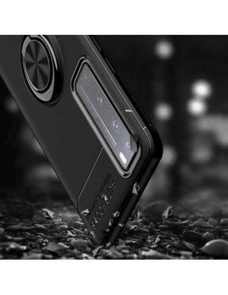 Svart stöttåligt skal för Huawei P Smart 2021 med ringhållare, visat i en vinkel för att framhäva ringens design