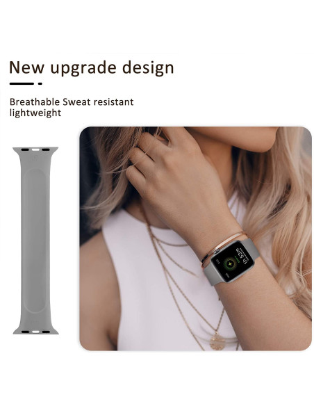 Elastiskt sportarmband för Apple Watch 38/40mm i grått, på handleden av en person