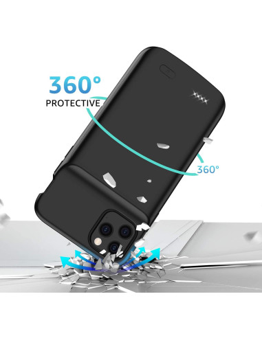 iPhone 12 Pro med stöttåligt batteriskal, visad i en dramatisk vinkel med krossat glas runtom