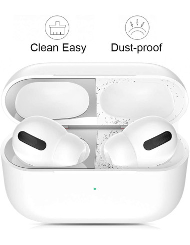 AirPods Pro i ett stängt fodral med Dust Guard, visar insidan och skyddet mot damm