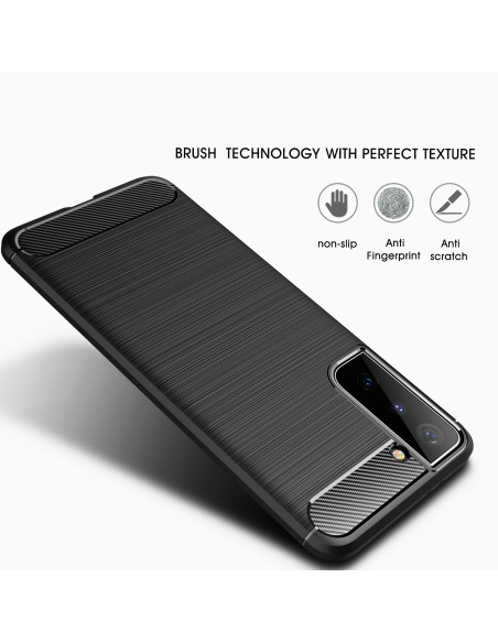 Samsung S21 Plus SlimCarbon-skal i svart, detaljvy av bakstycket med textur