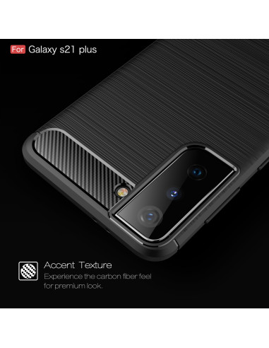 Närbild av Samsung S21 Plus SlimCarbon-skal med accenttextur och kamerautskärning