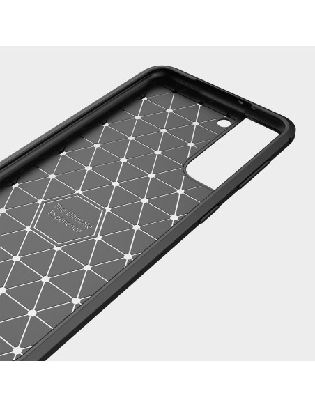 Detaljvy av insidan på SlimCarbon-skalet för Samsung S21 Plus med mönster