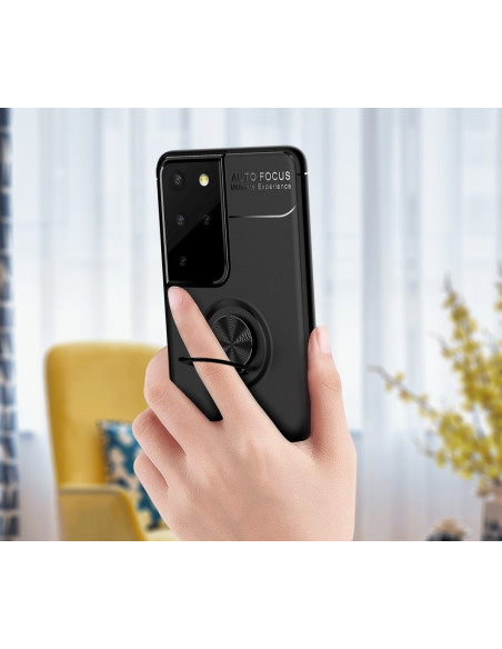Svart stöttåligt skal för Samsung S21 Ultra, hålls i handen med ringhållare synlig