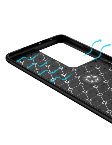 Närbild av insidan på svart stöttåligt skal för Samsung S21 Ultra med mönster