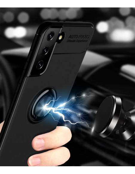 Samsung S21 Ultra skal med ringhållare, hålls i handen nära en magnetisk bilhållare